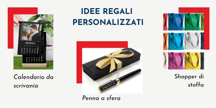 L'immagine mostra un calendario da scrivania, una penna a sfera e diverse shopper di stoffa come idee regalo personalizzate.
