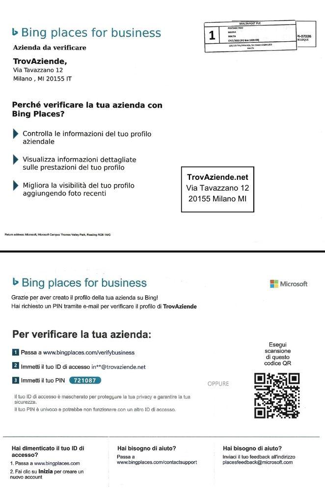 Cartolina con codice di sicurezza per verificare il profilo Bing