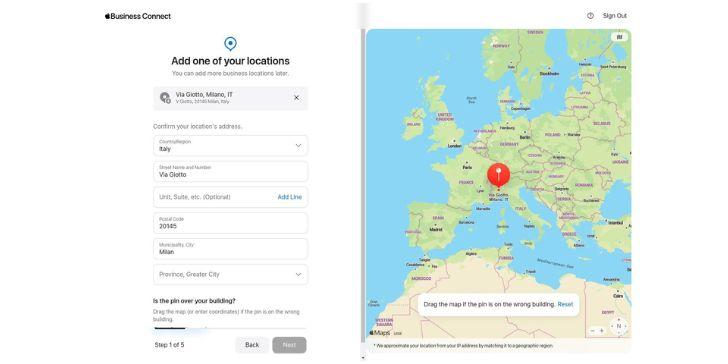 Verifica posizione attività su Apple Maps