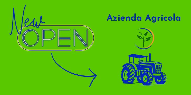 Sfondo verde, scritta "New Open Azienda Agricola", disegni di una fogliolina e un trattore