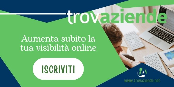 Sfondo blu e verde, logo TrovAziende, scritta "aumenta subito la tua visibilità online" e sotto bottone "Iscriviti"