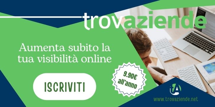 Sfondo blu e verde, logo TrovAziende, scritta "Aumenta subito la tua visibilità online", Sotto il bottone "iscriviti" e un pallino con all'interno "9.90€ all'anno".