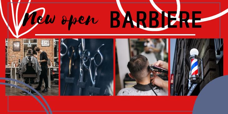 Sfondo rosso e scritta "new open Barbiere", sotto foto inerenti alle attività di taglio e cura per capelli e barba da uomo, l'articolo contiene una lista di nomi per barbieri.